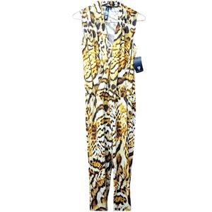 Coldesina Womens Leopard Print Sleeveless V-Neck Jumpsuit Gold Brown  1X NWT